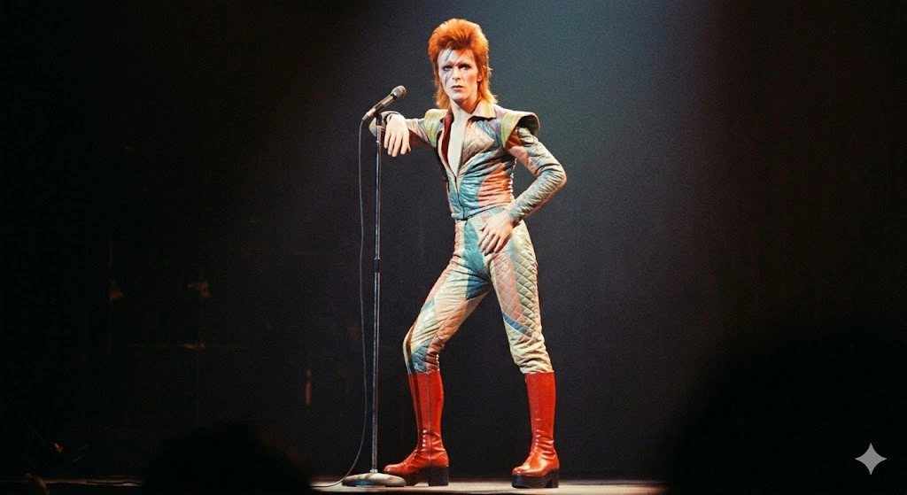 3. David Bowie
Tarzı: Bukalemun gibi, androjen, fütüristik ve teatral.
Neyle Ünlendi: Müziği kadar görsel kimliğiyle de dünyayı sarstı. Ziggy Stardust dönemindeki makyajı, platform ayakkabıları, tek parça tulumları ve rengarenk saçlarıyla toplumsal cinsiyet normlarını yıktı. 'Glam Rock' akımının modadaki en büyük ilham kaynağı oldu.