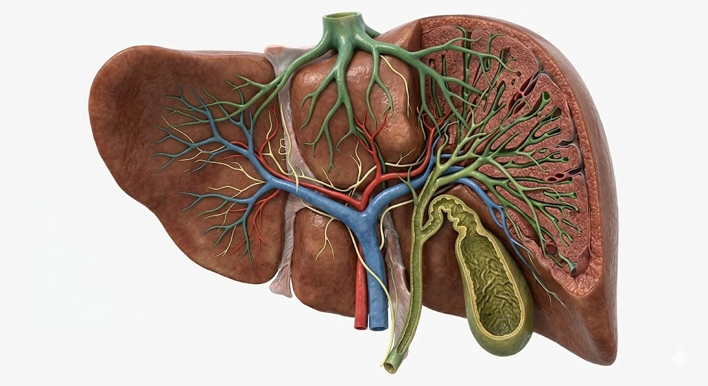 İnsan karaciğerinin anatomik yapısı: Karaciğer, kanı toksinlerden arındırır, safra üretir, besinleri depolar ve metabolizmayı düzenler.